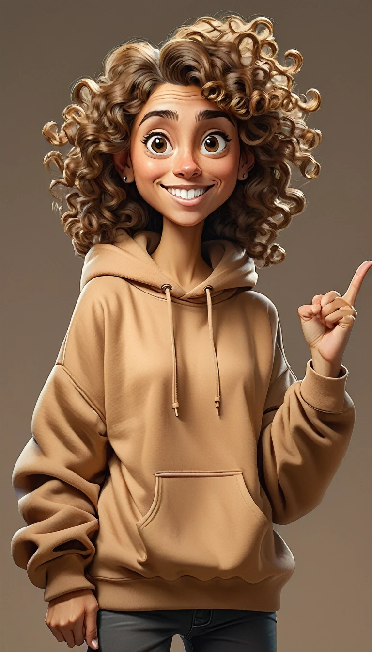 Created a full-body caricature image in high resolution, the character wears a light brown sweatshirt, long  curly hair, points to the viewer with an outstretched hand