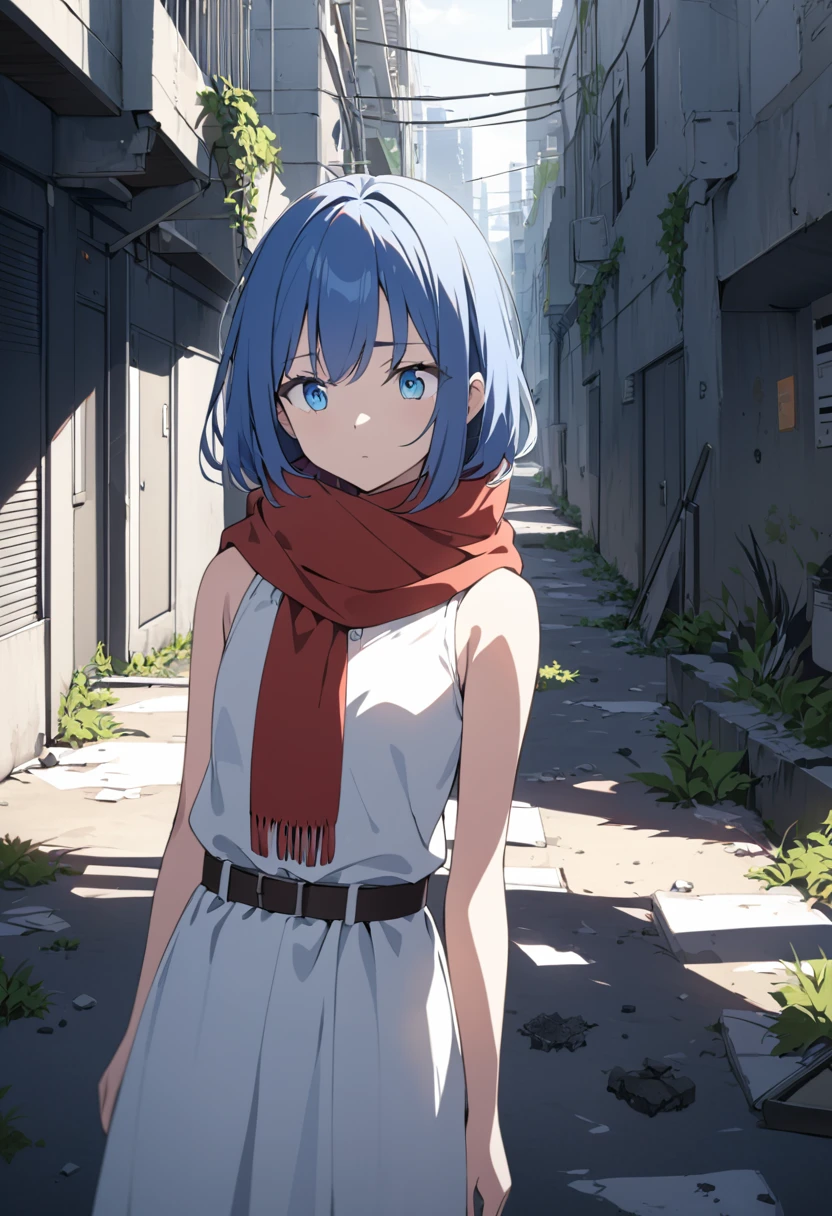A young anime girl with short blue hair and blue eyes stands in an urban alleyway. She is wearing a white sleeveless dress that has a belt at the waist, and she has a large red scarf wrapped around her neck. The girl has a pensive and somewhat melancholic expression on her face. The alleyway is narrow and slightly run-down, with some debris and vegetation visible on the ground. The scene is lit by sunlight, casting shadows and creating a realistic atmosphere. The background includes some buildings and a few power lines, enhancing the urban setting
