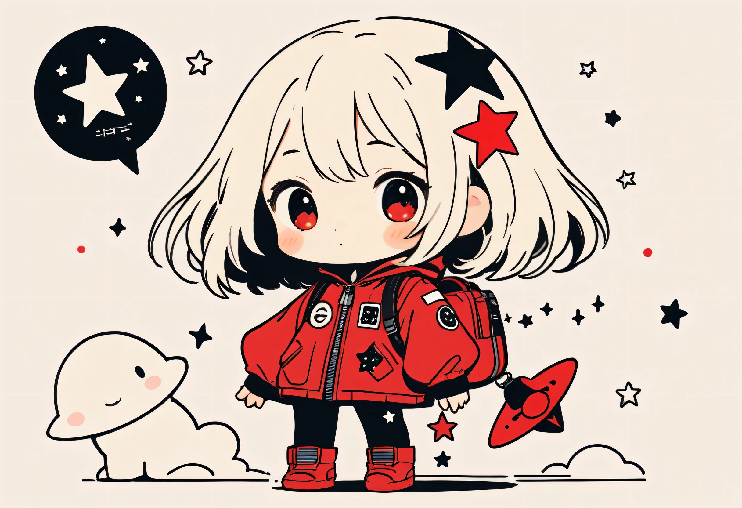 Black Star Red and White style, Simple Line Initialism,Abstract art,Kawaii Design, The most beautiful girl of all time、Chibi, Cute Alien、Space Travel、