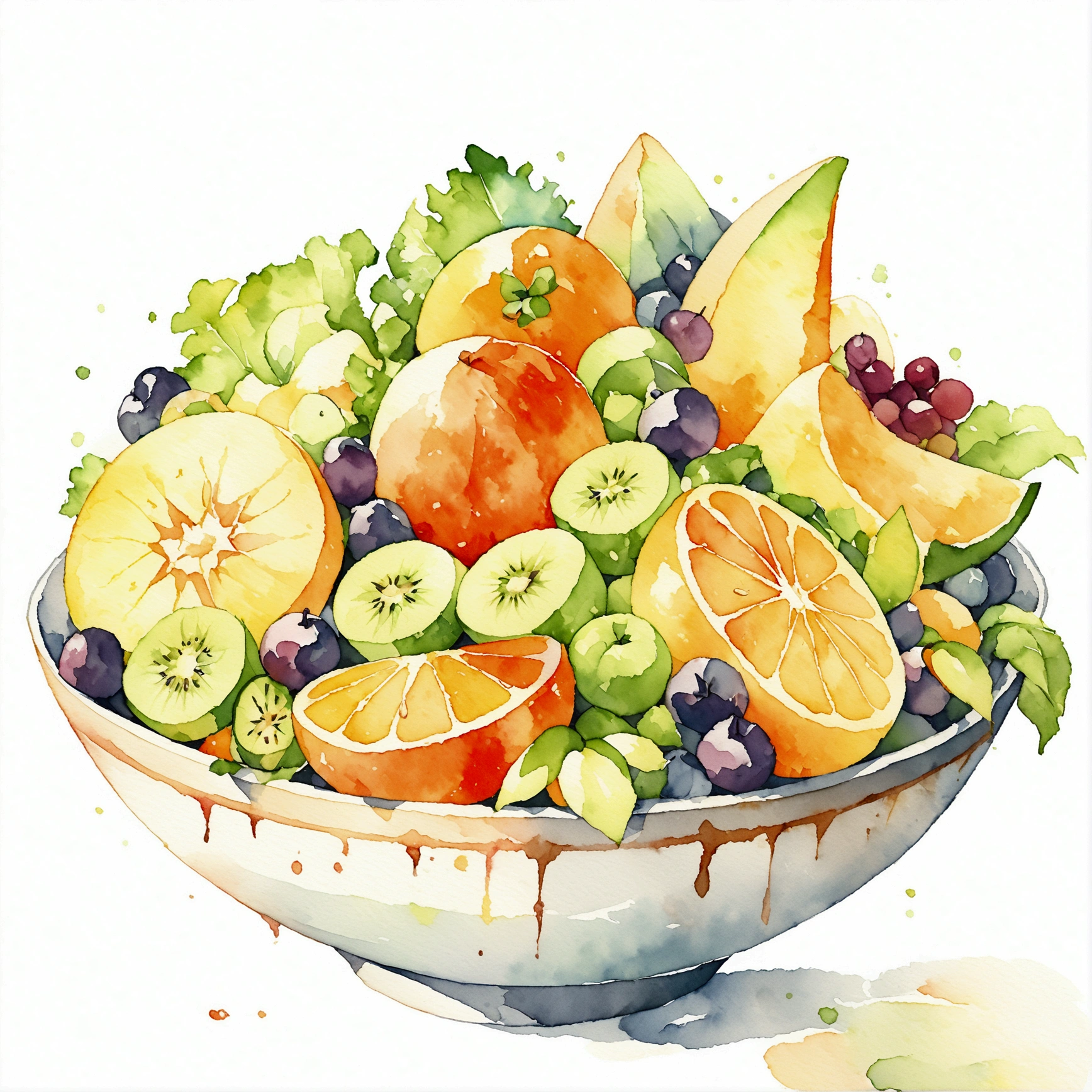 a very clean image painting of a bowl of many delicious creamy fruits salad ((watercolor)), solid white background, center composition, negative space around the object, washed out color, detailed masterpiece, loose drawing, clipart, vector art, illustration