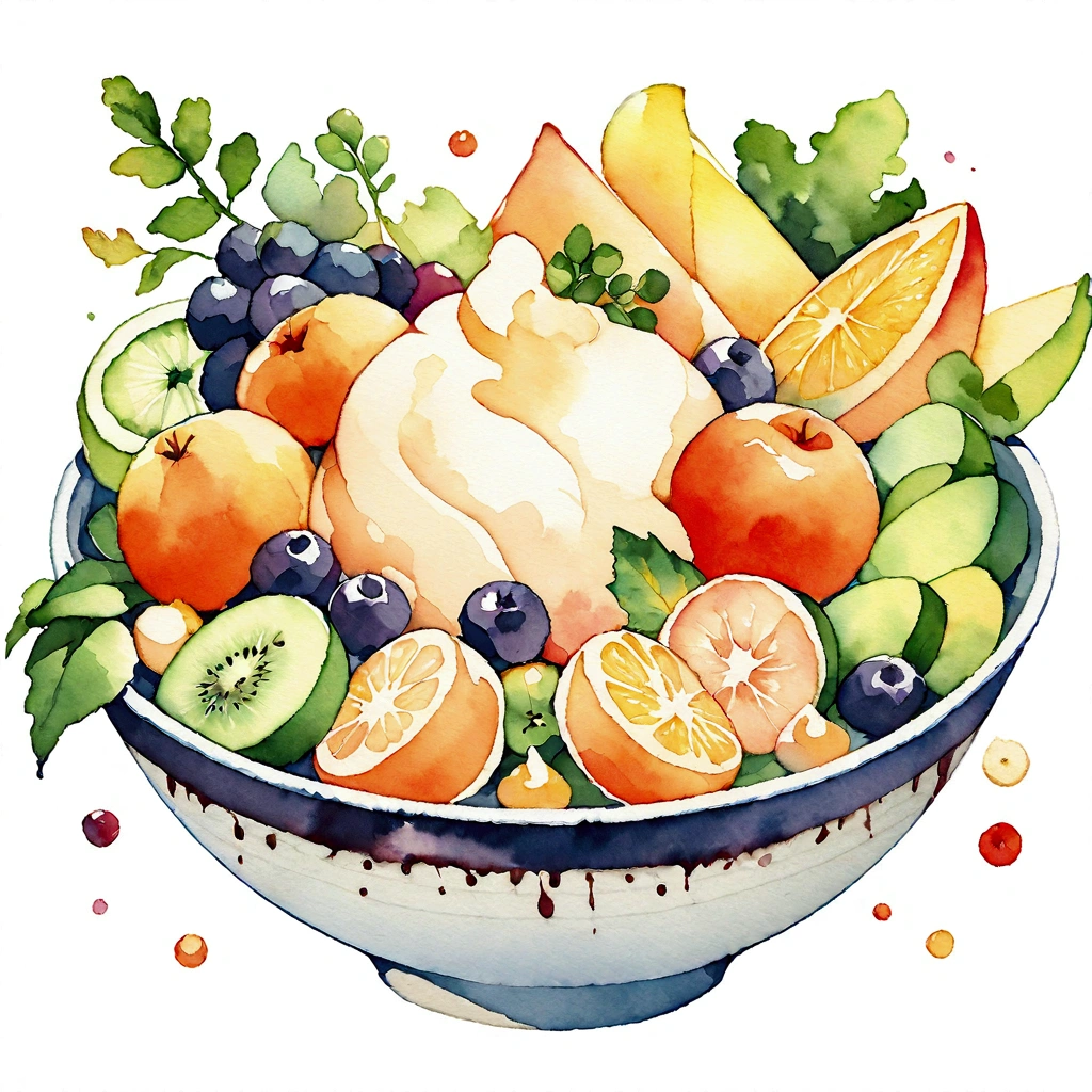 a very clean image painting of a bowl of many delicious creamy fruits salad ((watercolor)), solid white background, center composition, negative space around the object, washed out color, detailed masterpiece, loose drawing, clipart, vector art, illustration