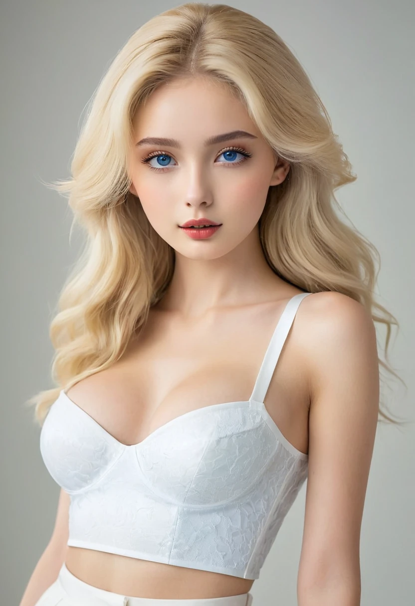 （（（European Caucasian Woman）））、（（（Mary, 18 years old）））、one person、（Thin contours、blue Eye）、（Thin contours）、（Big Breasts:1.5）、Narrow waist、（（（White and translucent skin:1.3）））、Beautiful, shiny blonde medium-long hair、8-head-tall model style、Waist-down angle、Tokyo city、Full body focus