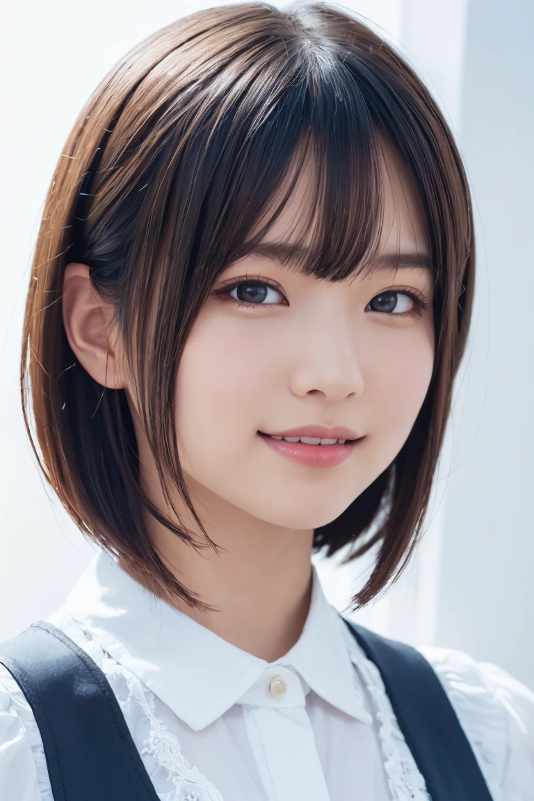 1 girl, (Wearing colorful stage costumes:1.2), Very beautiful Japanese idol portraits, Face close-up, (RAW Photos, highest quality), (Realistic, Realistic:1.4), (masterpiece), Very delicate and beautiful, Very detailed, 2k wallpaper, wonderful, finely, Very detailed CG Unity 8K wallpaper, Very detailed, High resolution, Soft Light, Beautiful detailed girl, Very detailed目と顔, Beautiful and sophisticated nose, Finely beautiful eyes, Cinema Lighting, (Simple light color background:1.3), (short hair), (Bob), Complete Anatomy, Slender body, Small breasts, smile