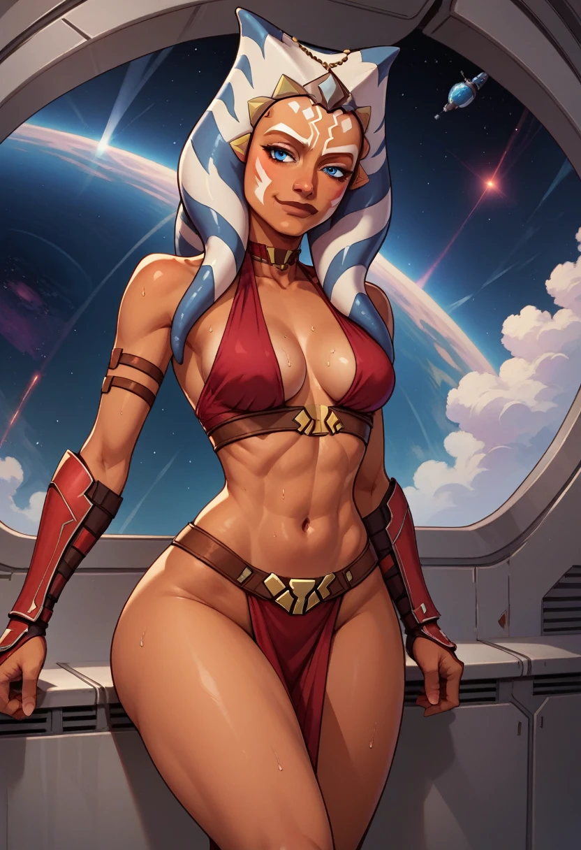 score_9, score_8_up, score_7_up, score_6_up, BREAK Ahsoka, wearing jedi robes, cleavage, medium breasts, seductive smirk,sweating, wide hips, big ass, on a spaceship, in space