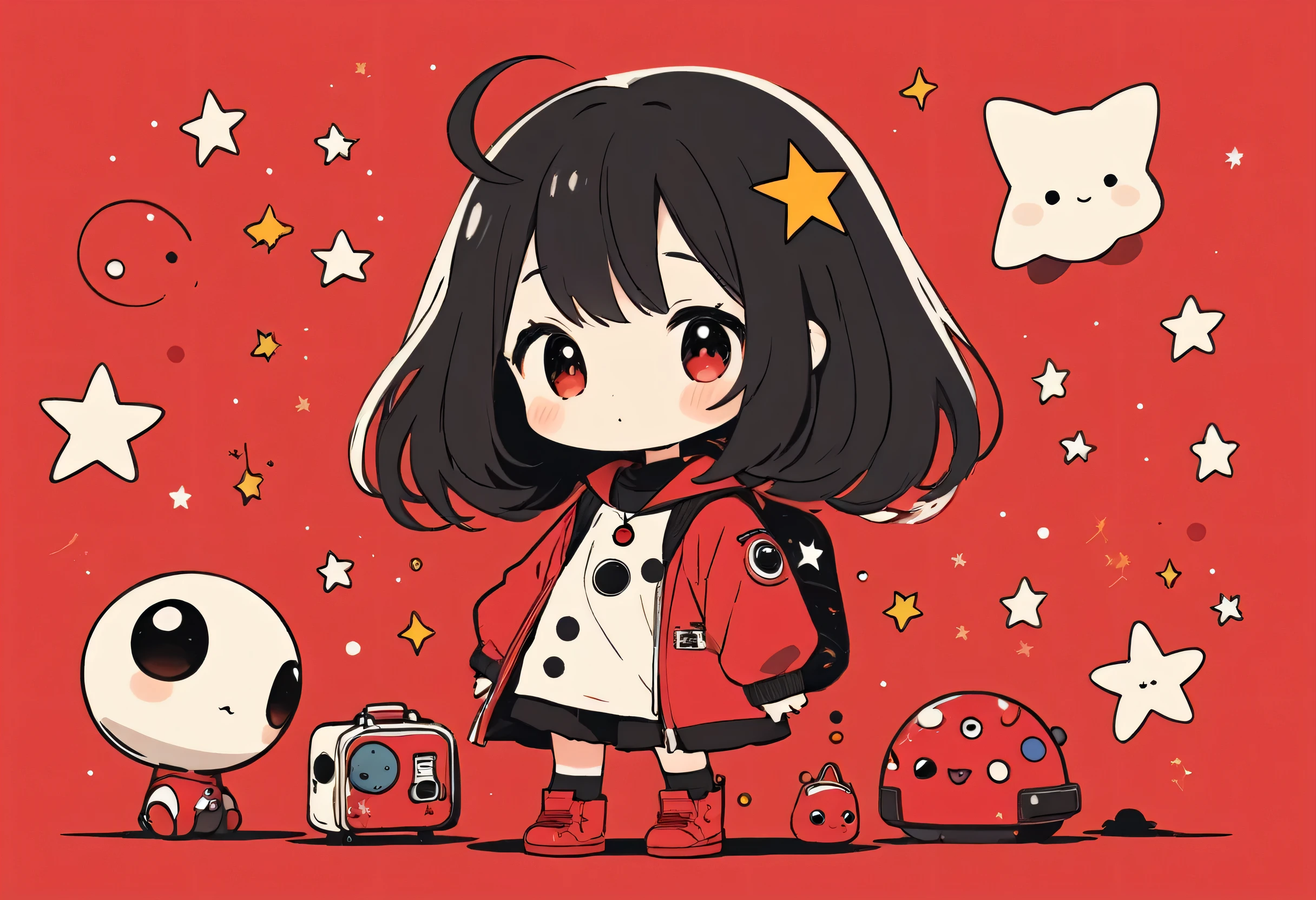 Black Star Red and White style, Simple Line Initialism，Abstract art，Kawaii Design, The most beautiful girl of all time、Chibi, Cute Alien、Space Travel、