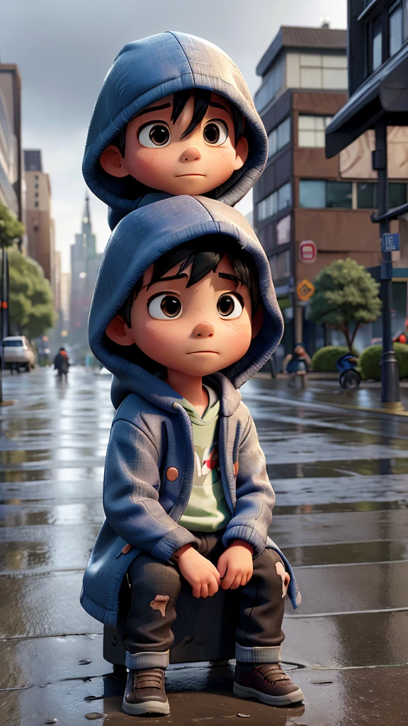 The image shows a  sitting on a wet sidewalk, probably on a rainy day. The  is wearing a hooded coat and torn pants, and he has his head down, appearing pensive or sad. The background shows a blurred cityscape, with trees and buildings, suggesting that the scene takes place outdoors in an urban setting or park. The childs body expression and the rainy environment convey a feeling of melancholy and loneliness. Hiding your face under your legs