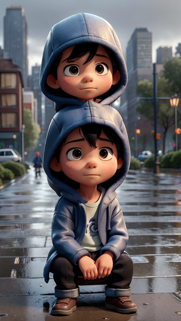 The image shows a child sitting on a wet sidewalk, probably on a rainy day. The  is wearing a hooded coat and torn pants, and he has his head down, appearing pensive or sad. The background shows a blurred cityscape, with trees and buildings, suggesting that the scene takes place outdoors in an urban setting or park. The child&#39;s body expression and the rainy environment convey a feeling of melancholy and loneliness. Hiding your face under your legs