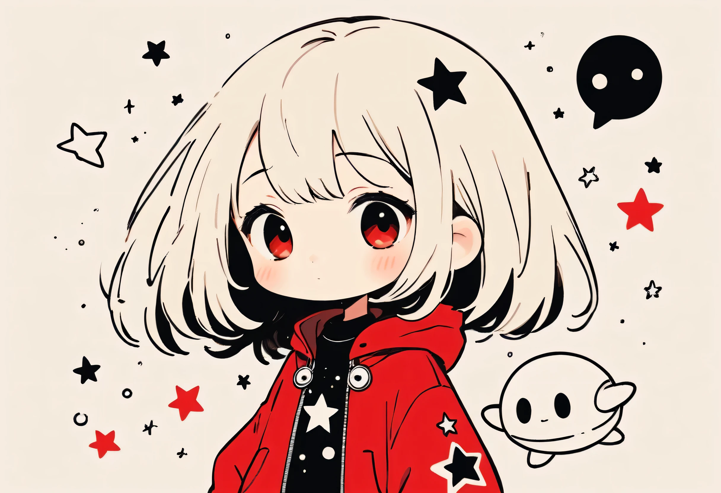 Black Star Red and White style, Simple Line Initialism,Abstract art,Kawaii Design, The most beautiful girl of all time、Chibi, Cute Alien、Space Travel、