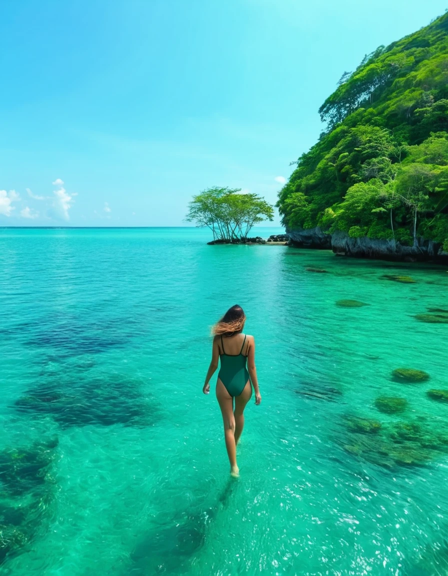 The cottage is on an island in the middle of the sea. The atmosphere is natural and beautiful. The sea is emerald green. Young woman walks in a swimsuit. Camera image. Clear 8 K image.