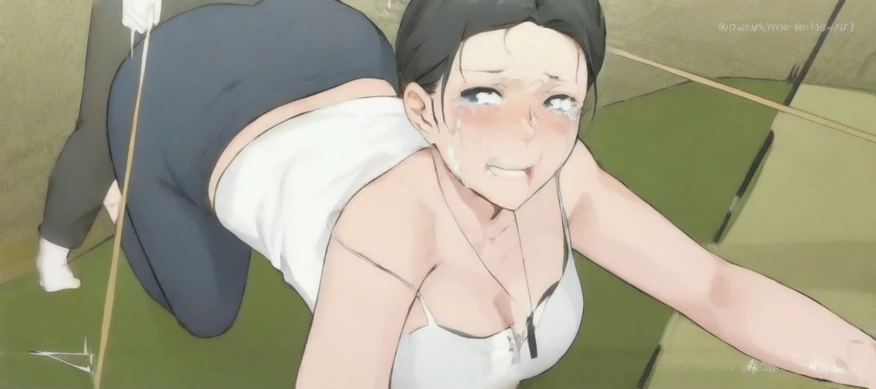 1 milf being raped by a man from behind, wearing white shirt and black skirt, laying down on floor, crying loudly, open mouth, sad facial expression, black hair, tied up hair, face to detail, detailed eyes, closeup illustration, perfect hands