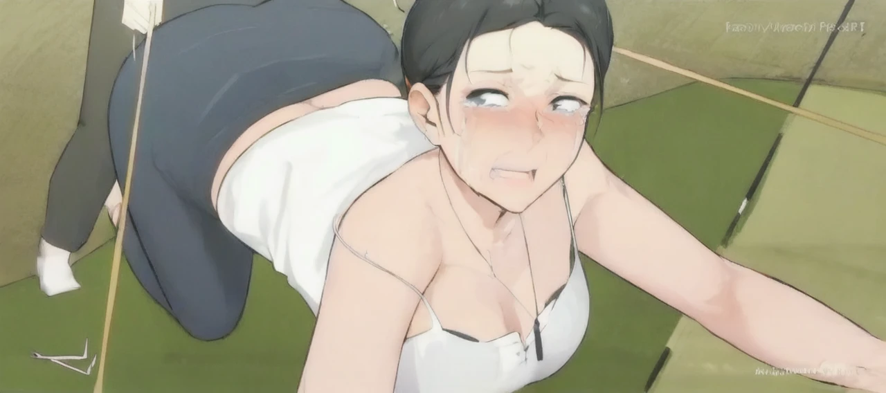 1 milf being raped by a man from behind, wearing white shirt and black skirt, laying down on floor, crying loudly, open mouth, sad facial expression, black hair, tied up hair, face to detail, detailed eyes, closeup illustration, perfect hands