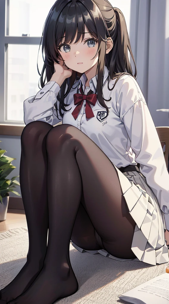 Highest quality, masterpiece, High resolution, (Head to Toe full body), front, frontやや下からの構図, Symmetric, Tall 18 year old girl, alone, (Head to Toe), (Small breasts), Unkempt brown hair, bangs, (black tights), (Black Pantyhose), (Sit with your legs apart), (Crouching pose), (Composition depicting white panties), (Her legs were spread、I see your white pants.), (I was made to sit on the floor with my legs spread...), (M-shaped feet), Thin legs, とても美しくTall 18 year old girl, (No shoes), blush, Shy big eyes, Looking into the camera, Blazer Uniform, Checkered Pleated Skirt