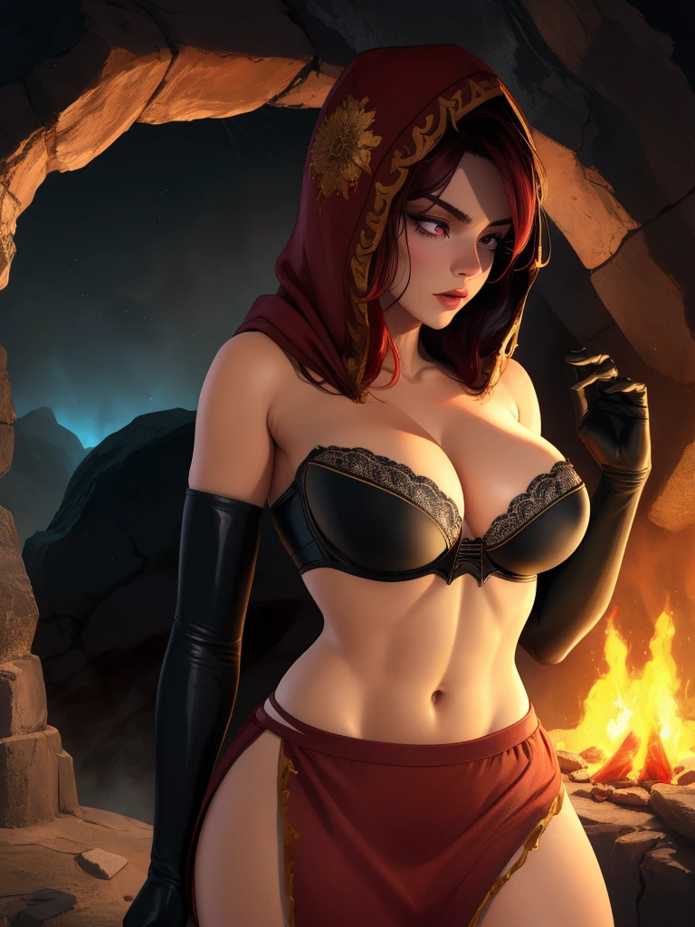 Dsorceress, redhair, shadowy face,dark cave, fire, hood, shadowed face, strapless bra, slim and athletic body, miniskirt, no panty, elbow gloves, dark skin, 1 girl (insanely detailed, masterpiece, best quality)