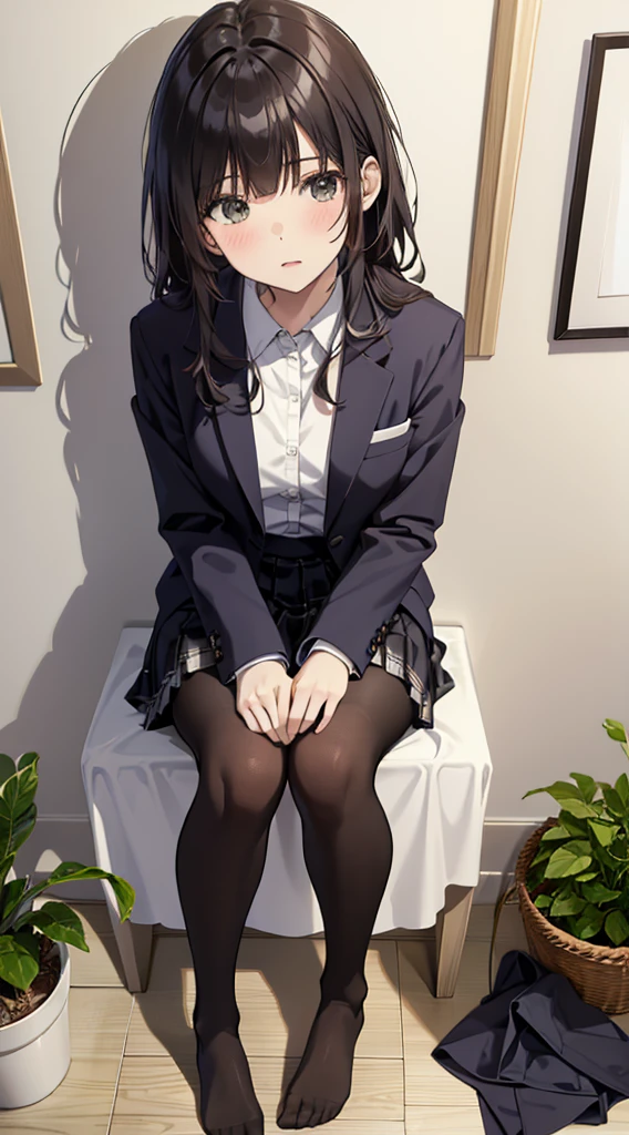 Highest quality, masterpiece, High resolution, (Head to Toe full body), front, frontやや下からの構図, Symmetric, Tall 18 year old girl, alone, (Head to Toe), (Small breasts), Unkempt brown hair, bangs, (black tights), (Black Pantyhose), (Sit with your legs apart), (Crouching pose), (Composition depicting white panties), (Her legs were spread、I see your white pants.), (I was made to sit on the floor with my legs spread...), (M-shaped feet), Thin legs, とても美しくTall 18 year old girl, (No shoes), blush, Shy big eyes, Looking into the camera, Blazer Uniform, Checkered Pleated Skirt