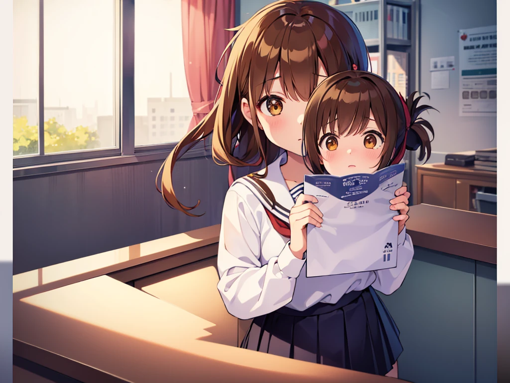 (masterpiece, best quality:1.2),illustration,8k,hd,1girl,solo,upper body,(portrait:1.2),brown_hair,folded_ponytail,brown_eyes,serafuku,long_hair,school_uniform,skirt,pleated_skirt,