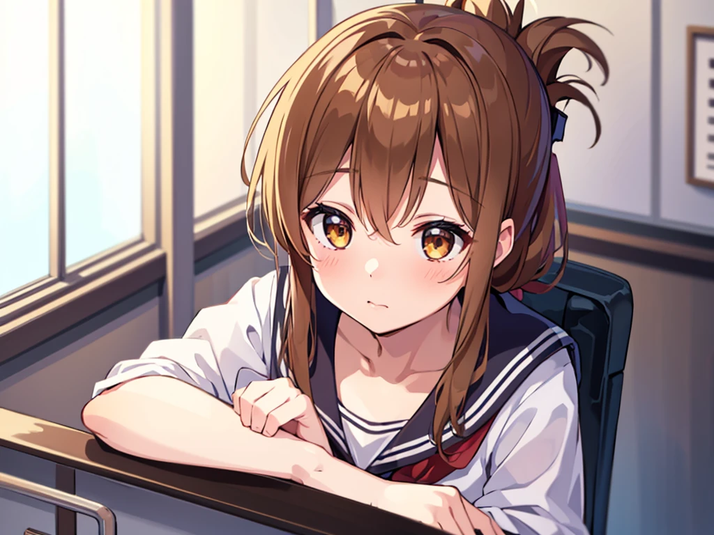 (masterpiece, best quality:1.2),illustration,8k,hd,1girl,solo,upper body,(portrait:1.2),brown_hair,folded_ponytail,brown_eyes,serafuku,long_hair,school_uniform,skirt,pleated_skirt,