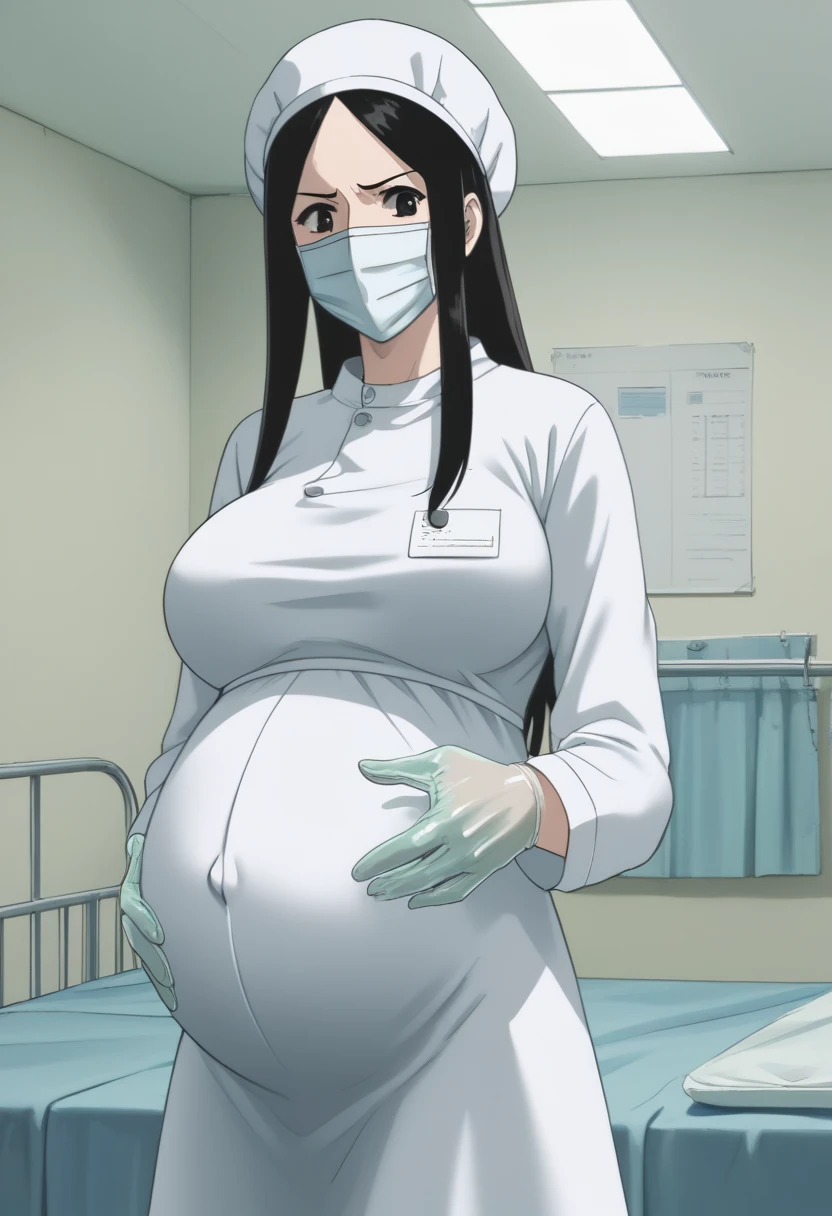 score_9,  score_8_up, score_7_up, source_anime, raw image, masterpiece, highest quality, natural light, patient room background, kasuganoray, pale skin, worried eyes, sweating, long black hair, big breasts, see tits, scrubs, surgical mask, surgical cap, long sleeve maternity dress, seamless, tits, navel head, 
1girl, pregnant, solo, long rubber gloves, looking down, furrowed brow, hospital bed, standing