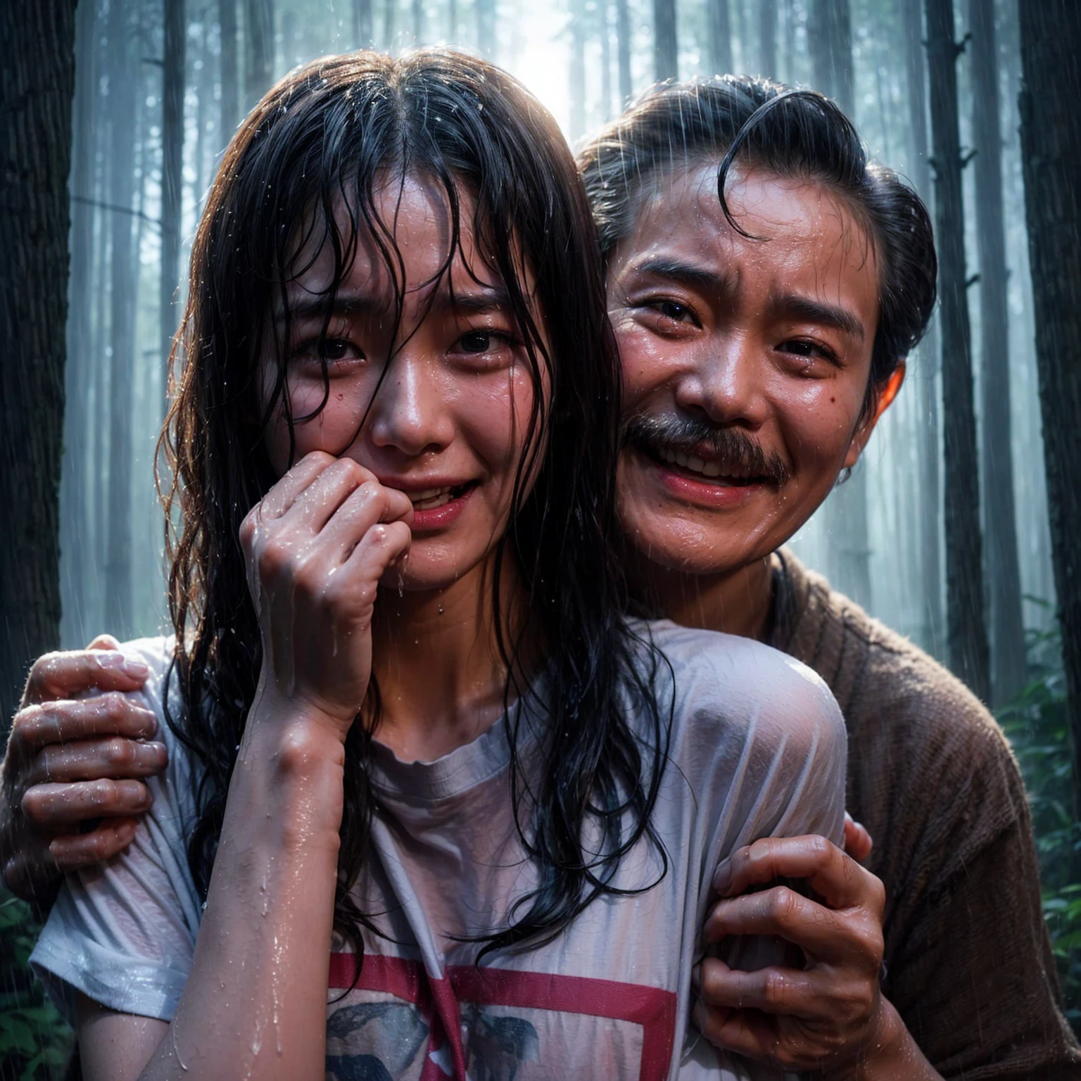 "A beautiful 17-year-old Korean woman, crying, caught in the rain with wet clothes, wearing a t-shirt, wavy bob hair, being grabbed from behind by a 40-year-old Indonesian man with a creepy smile. The background shows a forest scene with tall trees, realistic."