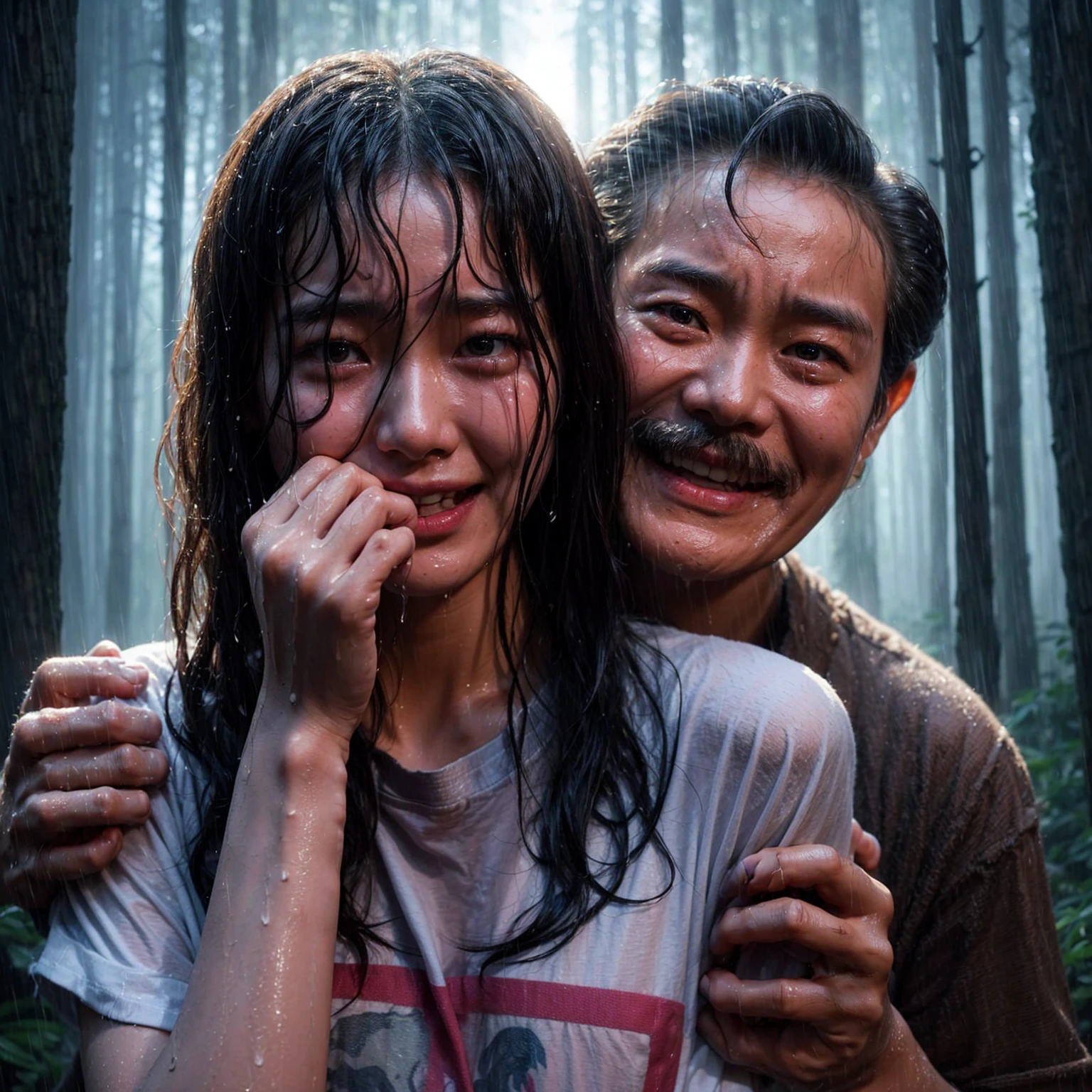 "A beautiful 17-year-old Korean woman, crying, caught in the rain with wet clothes, wearing a t-shirt, wavy bob hair, being grabbed from behind by a 40-year-old Indonesian man with a creepy smile. The background shows a forest scene with tall trees, realistic."