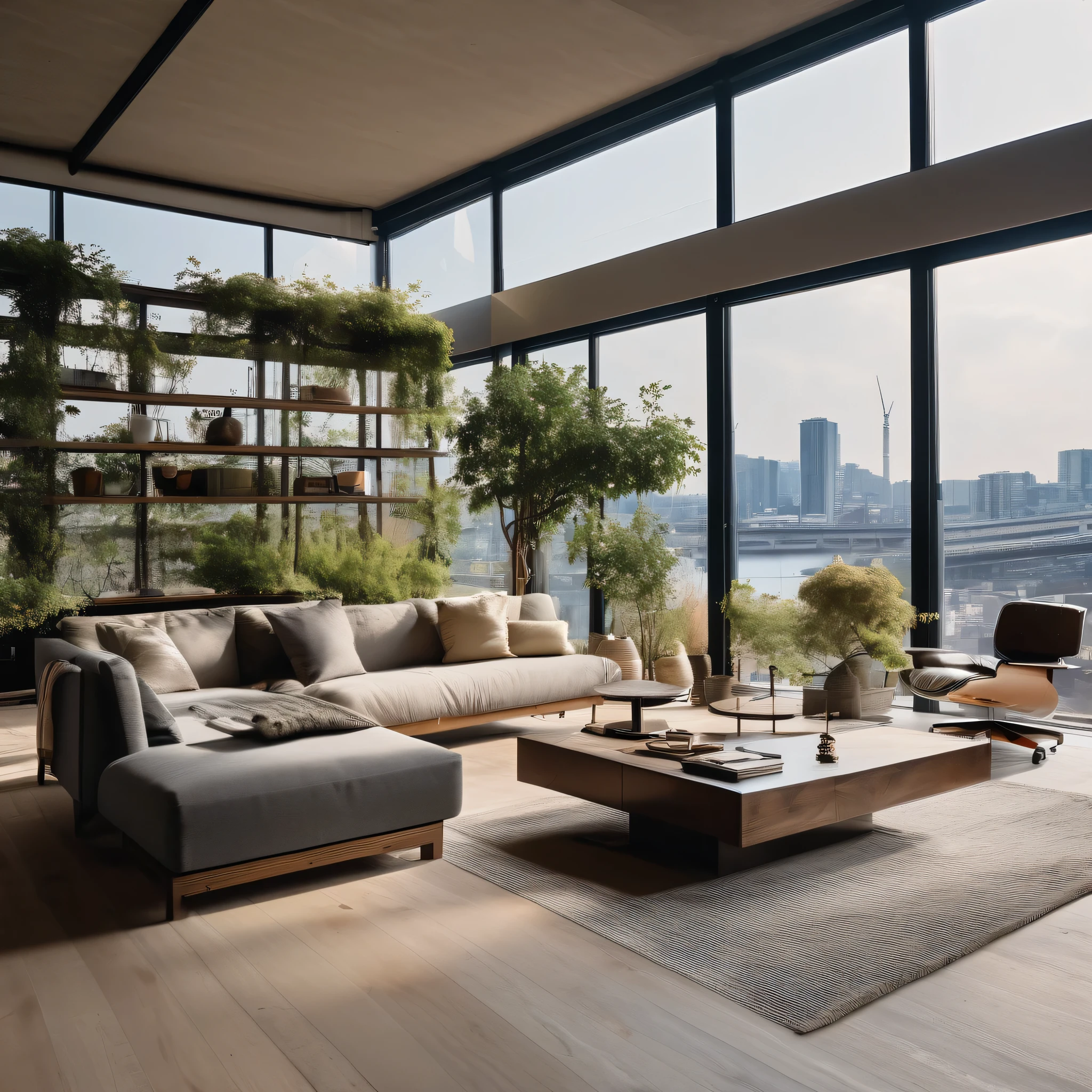 cinematic photo,mrares, ((Wabi-sabi style:1.5)), (Wabi-sabi_style:1.5), (It was:1.5),(Wabi-sabi elements:1.3), modern living room, simple style, living room, home, concrete plain wall, wooden floor, there is a sofa placed in the space, a projection screen facing the sofa, and a push-pull cart, wide angle,long-focus,depth of field, . 35mm photograph, film, bokeh, professional, 4K, Highly detailed Outside you can see the Rainbow Bridge in Yokohama.　The garden is artificial turf