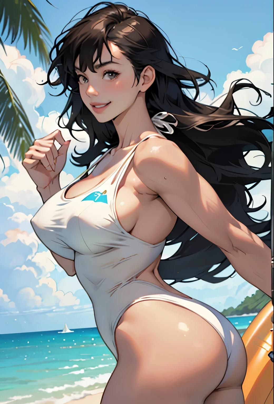 Realistic、Face reality、With a girl、Swimwear、Sexy smile、My breasts have gotten a little bigger、Sexy pose、From the front it looks like a one-piece, but from the back it looks like a mono bikini、