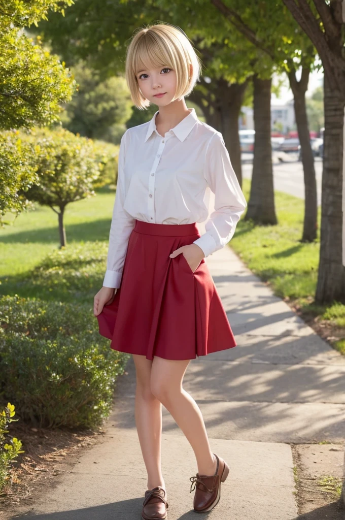 Please depict a beautiful girl with blonde short bob hair. She has large, captivating red eyes. She is wearing a girlish skirt and is in a dynamic pose with her skirt slightly lifted to reveal a panchira. The background should be a bright and cute setting, such as a park or classroom. Her expression should be innocent and cute, or slightly embarrassed. The style should be anime or manga
