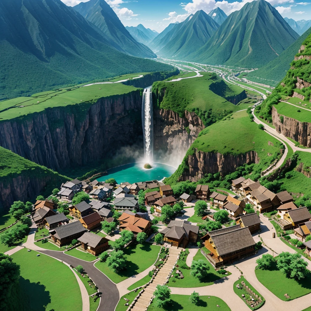 Create a village between two mountains with a waterfall scene from top view in anime style