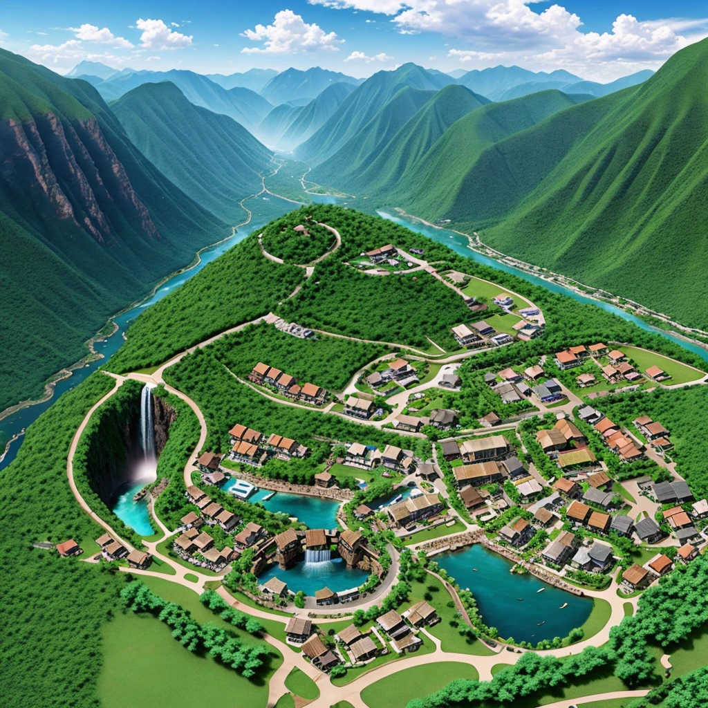 Create a village between two mountains with a waterfall scene from top view in anime style