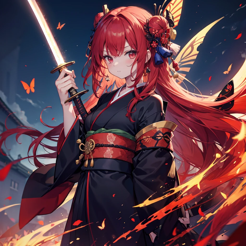 ((((Grasp the sword　1 person))))　(((Redhead　Long Hair　Black kimono　red band　Goddess of victory)))　((Red butterfly　night　Japanese style　shoulder　old))　(moon　star　autumn)　Shining Edge　Shining Background