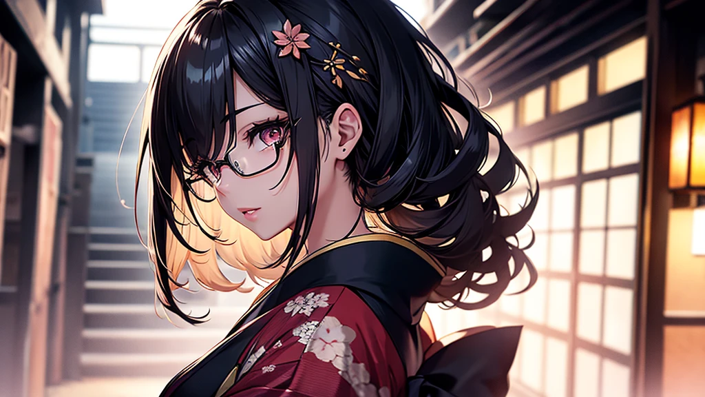 (1girl:1.3), Masterpiece, Best quality, amazing beauty, [[3D]], 4K, absurdres, finely detail, super detailed eye, perfect anatomy, official art, cinematic lighting, BREAK, Japanese-style room, long hair, black hair, super shiny detailed black eye, big eyes, sparkle(in the eyes), thin eyebrow, Gazing into the Distance, close-mouth, plump lips, Mascara, False eyelashes, pink lips, eyewear, happy face, BREAK , usually, tall, slender, fair skin, crossed arms, full body, from side, BREAK , ornate hairpin, BREAK,(kimono:1.3)
