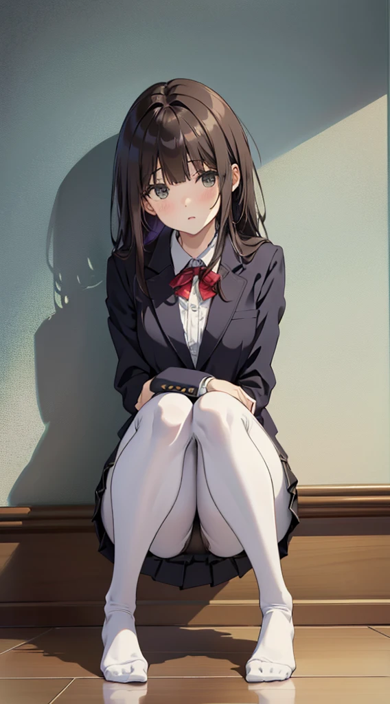 Highest quality, masterpiece, High resolution, (Head to Toe full body), front, frontやや下からの構図, Symmetric, Tall 18 year old girl, alone, (Head to Toe), (Small breasts), Unkempt brown hair, bangs, (black tights), (Black Pantyhose), (Sit with your legs apart), (Crouching pose), (Composition depicting white panties), (Her legs were spread、I see your white pants.), (I was made to sit on the floor with my legs spread...), (M-shaped feet), Thin legs, とても美しくTall 18 year old girl, (No shoes), blush, Shy big eyes, Looking into the camera, Blazer Uniform, Checkered Pleated Skirt
