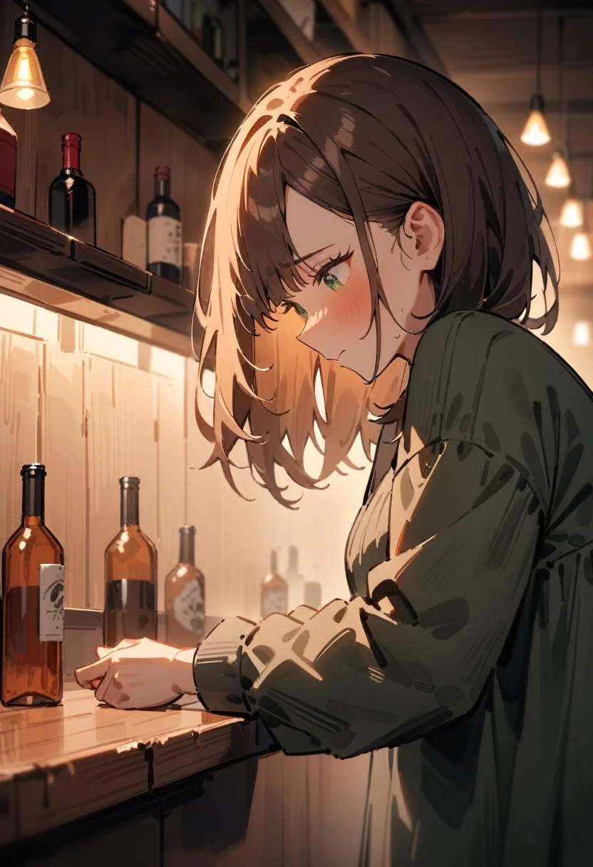masterpiece, best quality, very aesthetic, absurdres, newest, 1girl, solo, asymmetrical bangs, tareme, late 20s, short brown hair, green eyes, looking down, pained expression, casual clothes, dimly lit bar, cozy rustic bar setting, warm lighting, melancholic mood, slightly elevated angle, upper body, bar counter, empty bottles
