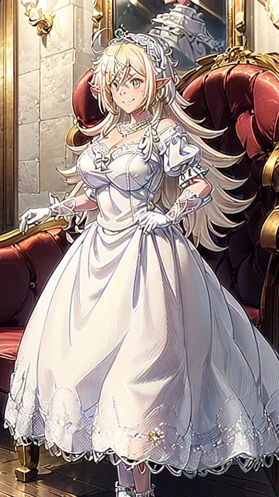 ikenaidorotea,1girl,solo,pointy_ears, smirk, wearing a stately and (((elaborate))) Royal Cinderella ballgown of white satin and tulle adorned with large satin poufs, (((huge ribbon bows))), roses, lace, frills, flounces, silver embroidery, silver braid, and jewels, with (((enormous puffed sleeves))), a very stiff padded and whaleboned bodice, and a (((voluminous crinoline hoopskirt))), (((bustle))) and long train, long white gloves, pearl and diamond necklace and earrings, anime, hd