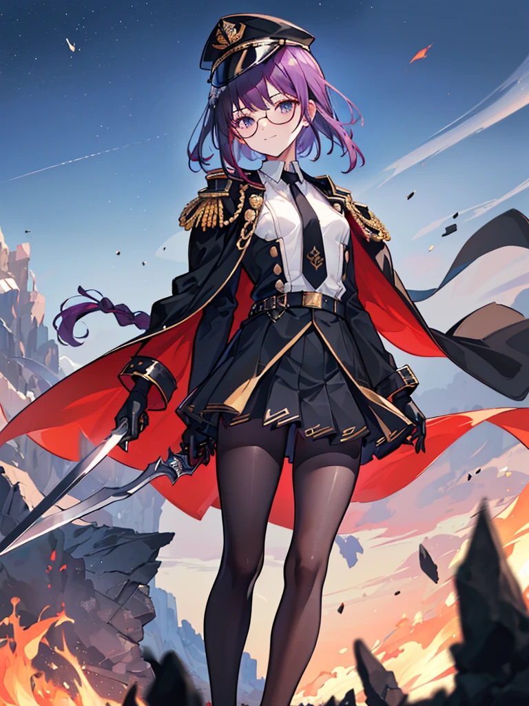 realisitic, City Deserted, Pile of rubble, Brick building, a one woman (18 years old, far away blackw hair, far away slits, Eyes red, glare eyes, 精致的面容, standing (In floor, feet shoulder-width apart), Lolita style military uniform (blackw base, Red Insert, golden decoration, volantes, wide sleeves, dainty and delicate detailing armors), blackw far away gloves (blackw, Red Insert, golden decoration, small hands, armors), blackw far away gloves, knee high boots (blackw, high-heels, red soles), ha (blackw, aba dourada, shield emblem, delicate details), arms in front, Front of belly, Holding military swords with both hands (blackw, golden decoration, delicate detail, Handle at the top, Ground-facing blade, in front of the body, far away), night sky (blackw, stele, Increased flames and smoke), Pale painting style, One Girl, super high quality, Super Detail, Super Detailed image, long hair, looking at viewer, skirt, shirt, hair ornament, violet eyes, gloves, round glasses, long sleeves, hat, closed mouth, jacket, violet hair, braid, open clothes, necktie, black gloves, black skirt, uniform, single braid, open jacket, black jacket, black headwear, 手链, peaked cap, black necktie, cropped jacket, military hat, pantyhose, Flat Chest, smile, Black Cape
