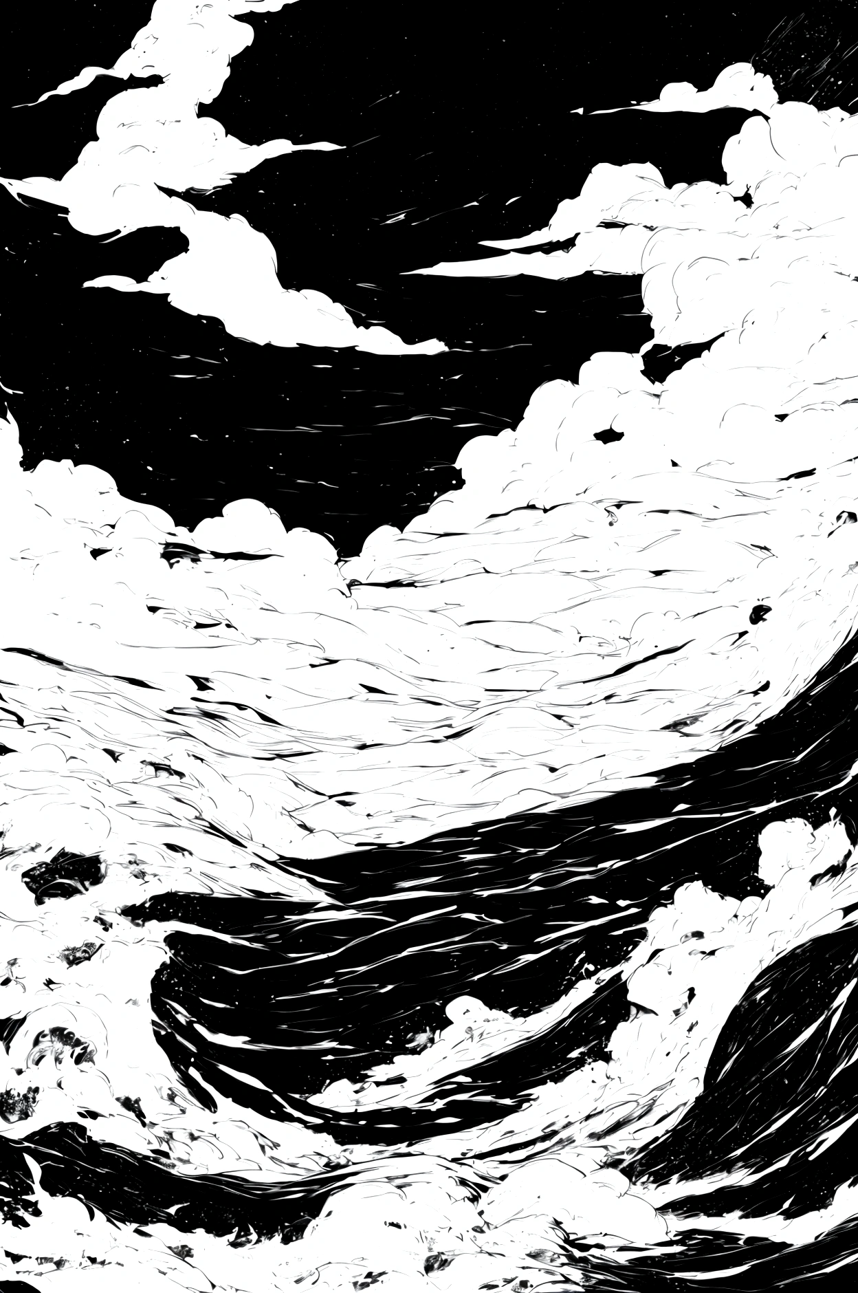  White clouds entwined，Mountains and waves，Black sky，White and black (high quality)