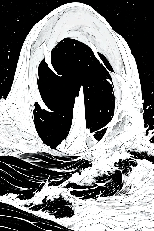 White clouds entwined,Mountains and waves,Black sky,White and black (high quality)