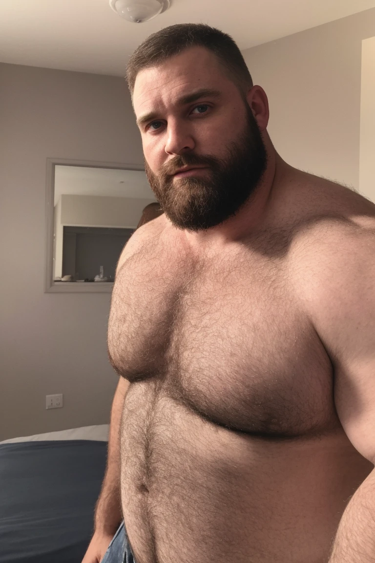 8K HDR Very Extremely Realistic Very Detailed High Quality 8K HDR Very Realistic 46 year old daddy rugged beefy big thick burly chubby bodybuilder muscle bears man, 8KHDR very realistic beared big daddy muscle bear, and 8KHDR very realistic detailed rugged burly man in shorts, 8KHDR very realistic hair, 8KHDR very realistic beards, 8KHDR very realistic thick chubby fat neck, 8KHDR very realistic neck lines, 8KHDR very realistic detailed neck, 8KHDR very realistic burly chest, 8KHDR very realistic detailed hairy burly chest and arms, 8KHDR very realistic detailed hairy burly chest and arms, 8KHDR very realistic burly muscle bear body, 8KHDR very realistic nipples, 8KHDR very realistic burly muscle bear body, 8KHDR very realistic face, 8KHDR very realistic detailed face, 8KHDR very realistic eyes, 8KHDR very realistic detailed eyes, 8KHDR very realistic pupils, 8KHDR very realistic detailed pupils, 8KHDR very realistic head, 8KHDR very realistic waist, 8KHDR very realistic facial features, 8KHDR very realistic burly arms, 8KHDR very realistic elbows, 8KHDR very realistic hands, 8KHDR very realistic pecs, 8KHDR very realistic belly, 8KHDR very realistic human man body, 8K HDR very realistic bellybutton, 8KHDR very realistic wrists, 8KHDR very realistic fingers, 8KHDR very realistic fingernails, 8KHDR very realistic shoulders, 8KHDR very realistic mouth, 8KHDR very realistic lips, 8KHDR very realistic mens clothing, 8KHDR very realistic detailed mens clothing. 8KHDR Very Realistic Hairy Bearded Burly Muscle bear Photoshoot, 8KHDR Very Realistic Ultra-detailed, 8KHDR very realistic detailed bedroom surroundings, 8KHDR very realistic surroundings lighting, No Deformities, An ultra-realistic photograph captured with a Sony α7 III camera, equipped with an 85mm lens in F 1.2 aperture, The cutting-edge Midjourney v5, ( best quality, highres, realistic:1.37), Super real detailed skin, Ultra-detailed, Photorealistic 1.4, hyper photorealism, 8K HDR Clear HDR Quality,