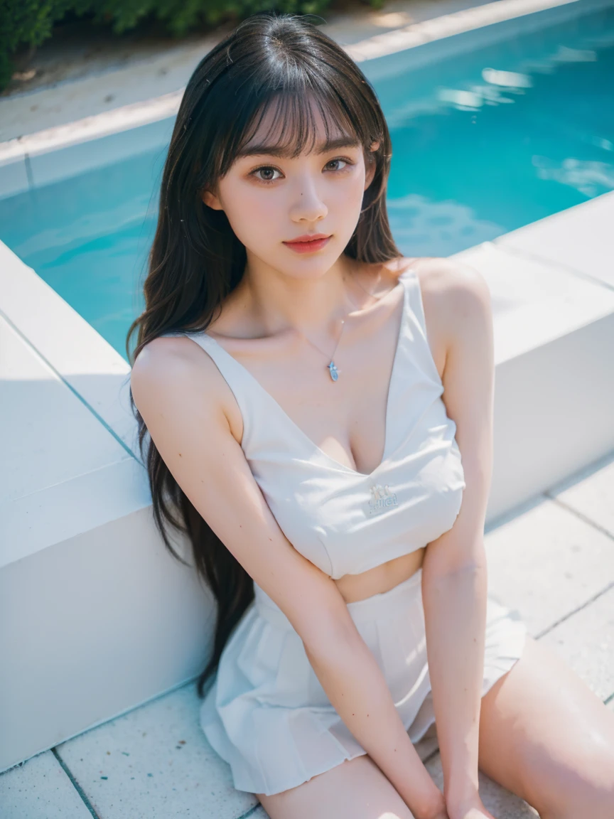 RAW Photos, Bokeh (realism: 1.4, Realistic), High-definition CG integrated 8K wallpaper, One girl, (high qualityスキン: 1.4), 8K Ultra HD, Digital SLR, Front light, high quality, Shot with iPhone 15 pro max, 21 years old、whole bodyアングル、Long-haired woman,((The body is slim, skinny, Big natural tits, Medium Shoulder, Beautiful feet)),(((height:170cm))), ((Detail White Micro Bikini, White short skirt,Cleavage)), (View your viewers), (((There is a woman sitting on the ground next to the pool))), (((aerial photograph))), (((whole body:1.5))), (((Beautiful long thighs)))