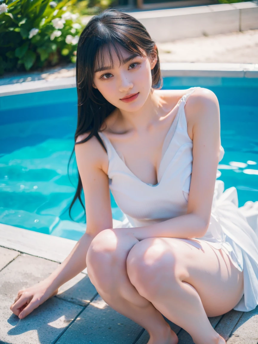 RAW Photos, Bokeh (realism: 1.4, Realistic), High-definition CG integrated 8K wallpaper, One girl, (high qualityスキン: 1.4), 8K Ultra HD, Digital SLR, Front light, high quality, Shot with iPhone 15 pro max, 21 years old、whole bodyアングル、Long-haired woman,((The body is slim, skinny, Big natural tits, Medium Shoulder, Beautiful feet)),(((height:170cm))), ((Detail White Micro Bikini, White short skirt,Cleavage)), (View your viewers), (((There is a woman sitting on the ground next to the pool))), (((aerial photograph))), (((whole body:1.5))), (((Beautiful long thighs)))