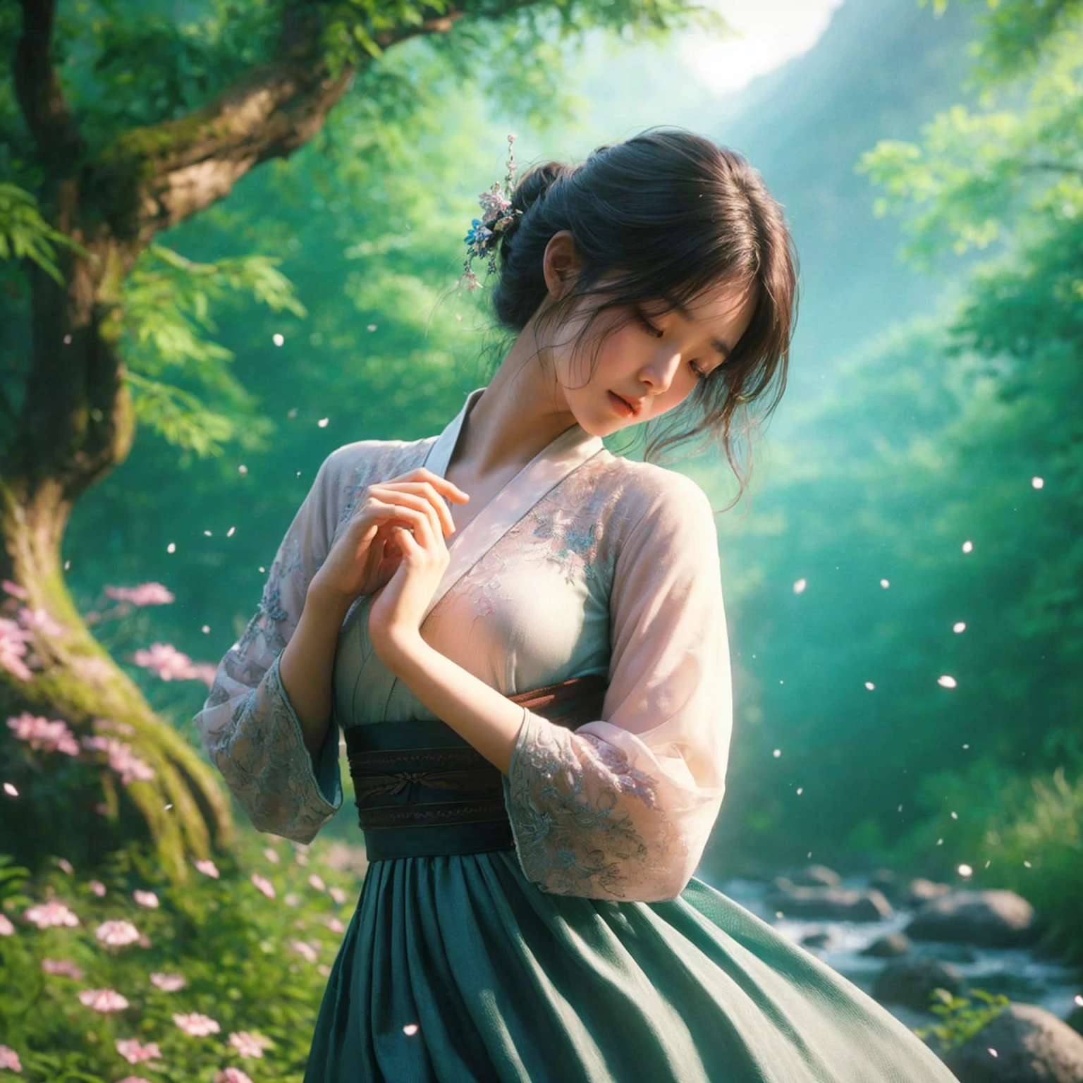 Generate a high-resolution 61k 3D image in a fairytale style, medium shot of a korean young woman as she finishes her dance, her arms slowly lowering to her sides. She takes a deep breath and calms herself, her gaze sweeping across the enchanting green landscape.