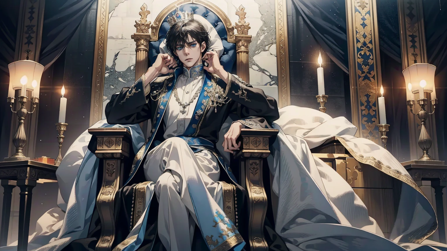 adult, black hair, short hair, the king sits on a majestic throne inside a majestic palace with a crown. King of the sea, The environment around it is majestic. Throne with silver and precious stone details, and covered with silver cloth. The protagonist is dressed in royal clothes., the king's beautiful black and blue robe, with a determined expression on his face, when he looks at the horizon with glowing and piercing blue eyes, Sharp facial features, masterpiece, Best quality, Concept art in 8K resolution, Fantasy art, epic art, concept art wallpaper 4K, deep color, daylight. adult, Beautiful, tall guy, broad shoulders.
