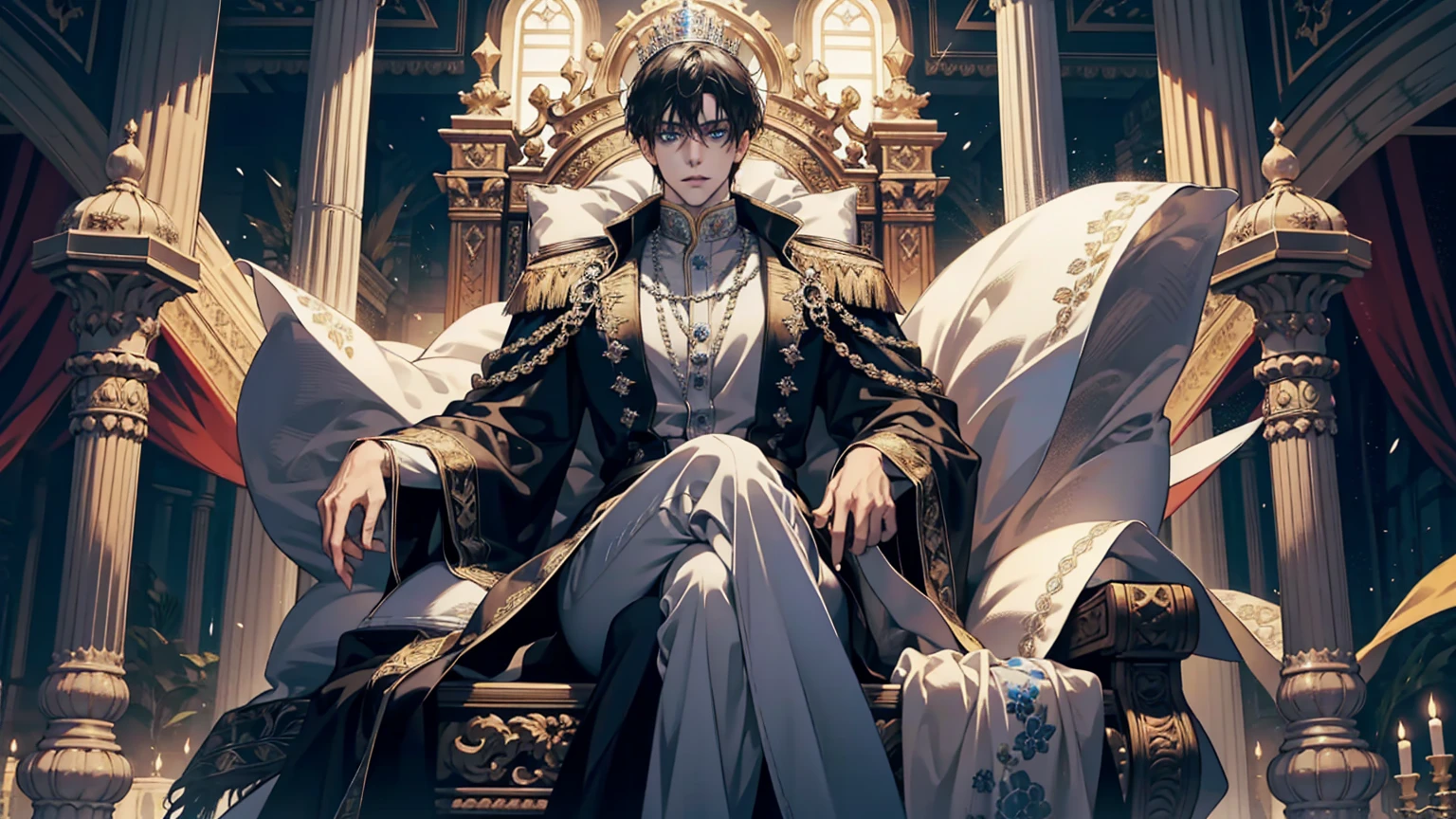 adult, black hair, short hair, the king sits on a majestic throne inside a majestic palace with a crown. King of the sea,  The environment around it is majestic. Throne with silver and precious stone details, and covered with silver cloth. The protagonist is dressed in royal clothes., the king&#39;s beautiful black and blue robe, with a determined expression on his face, when he looks at the horizon with glowing and piercing blue eyes, Sharp facial features, masterpiece, Best quality,  Concept art in 8K resolution, Fantasy art, epic art, concept art wallpaper 4K, deep color, daylight. adult, Beautiful, tall guy, broad shoulders.
