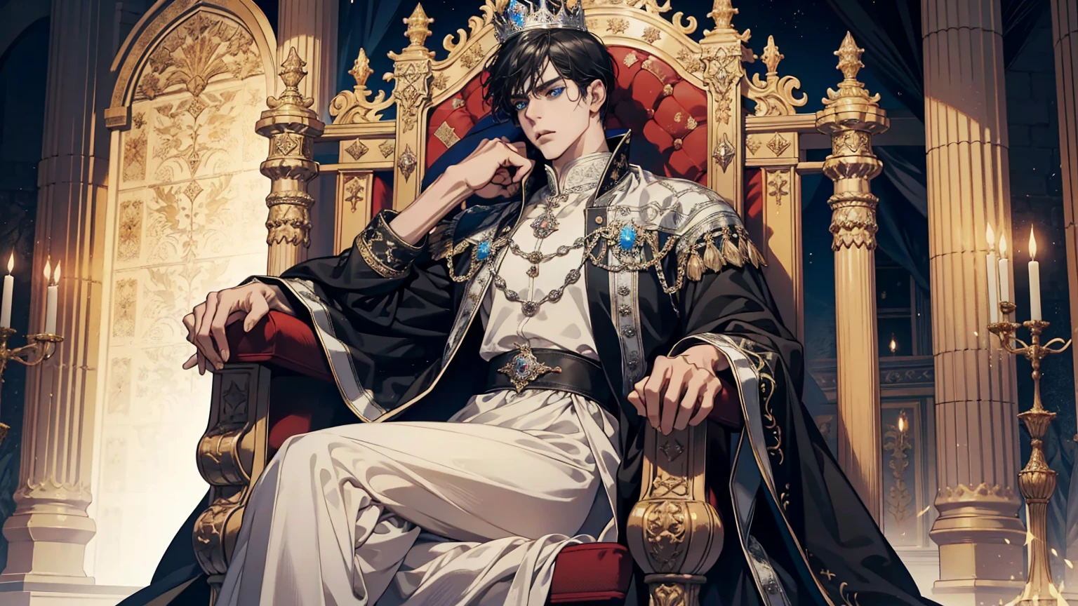 adult, black hair, short hair, the king sits on a majestic throne inside a majestic palace with a crown. King of the sea, The environment around it is majestic. Throne with silver and precious stone details, and covered with silver cloth. The protagonist is dressed in royal clothes., the king's beautiful black and blue robe, with a determined expression on his face, when he looks at the horizon with glowing and piercing blue eyes, Sharp facial features, masterpiece, Best quality, Concept art in 8K resolution, Fantasy art, epic art, concept art wallpaper 4K, deep color, daylight. adult, Beautiful, tall guy, broad shoulders.