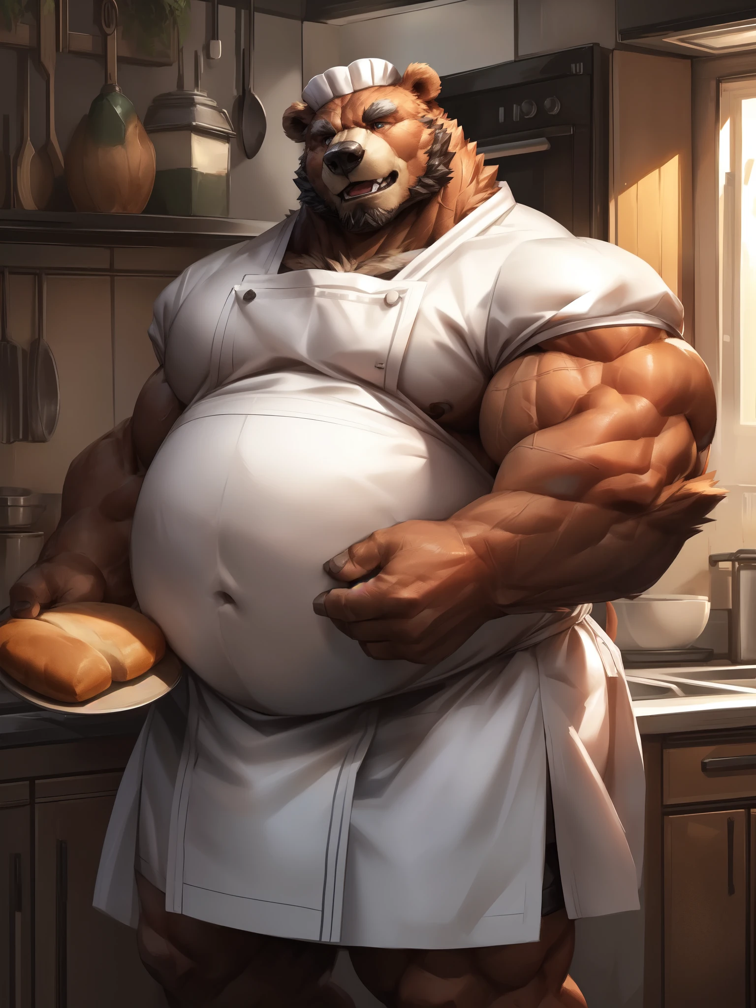 [lindong, lucusold], a man with a huge bear making a bread, kitchen , ((muscular, belly)), chef uniform, thicc, giant and muscular, danbooru and artstation, heavy detailed, insanely inflated hips, proportionally arms, commission for high res, detailed but rough, semirealistic:1.3