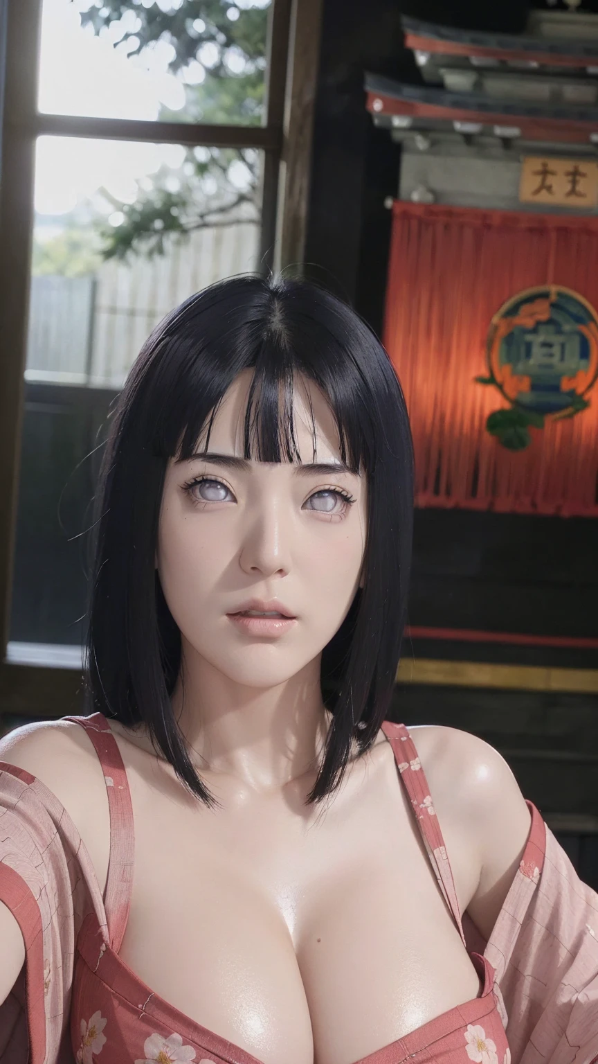 (((masterpiece))), (((best quality:1.4))), (((realistic:1.3))), hinata\(boruto\), 1girl, mature women, (((Red floral kimono with spaghetti strap top))), (((Close-up photo))), (((Selfie))), (((cleavage))), (((Closed Clothing))), (((big breasts))), (((big round breasts))), (((round breasts))), (((extremely heavy breasts))), (((Colossal tits))), (((heavy breasts))), (((plump breasts))), (((super round breasts))), (((very round breasts))), (((perfect breasts))), (((cinematic shot))), (((moody lighting))), (((shiny skin))), (((shiny skin))), (((oily skin))), (((sweat))), (((Japanese temple))), (shy face), detailed lips, beautiful face, blush, (pink lips), (((long hair))), white eyes, gentle gaze, smile, super realistic, detailed, realistic face and body, realistic hair, realistic eyes, realistic nose, realistic lips, seductive pose, (((straight bangs))), (dark blue hair), 28 year old girl, (((evening:1.4)))