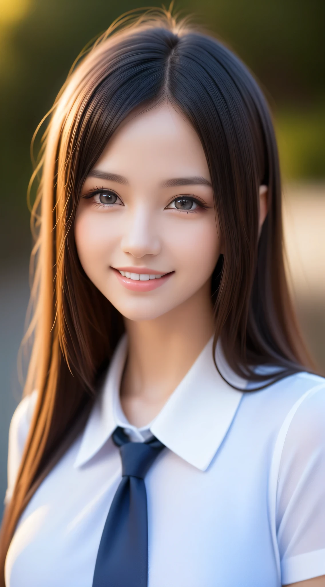 , 1girl in, Extremely cute, Amazing face and eyes, (Beautiful lovely smile), (extremely detailed beautiful face), bright and shiny lips, Super beautiful, (School blouse:1.3), (Best Quality:1.4), (hyper quality), (Ultra-detailed), (Hyper-realistic, Photorealsitic:1.37), Authentic skin texture, Highly detailed CG integrated 8k wallpapers, RAW Photos, professional photograpy, Cinematic lighting,