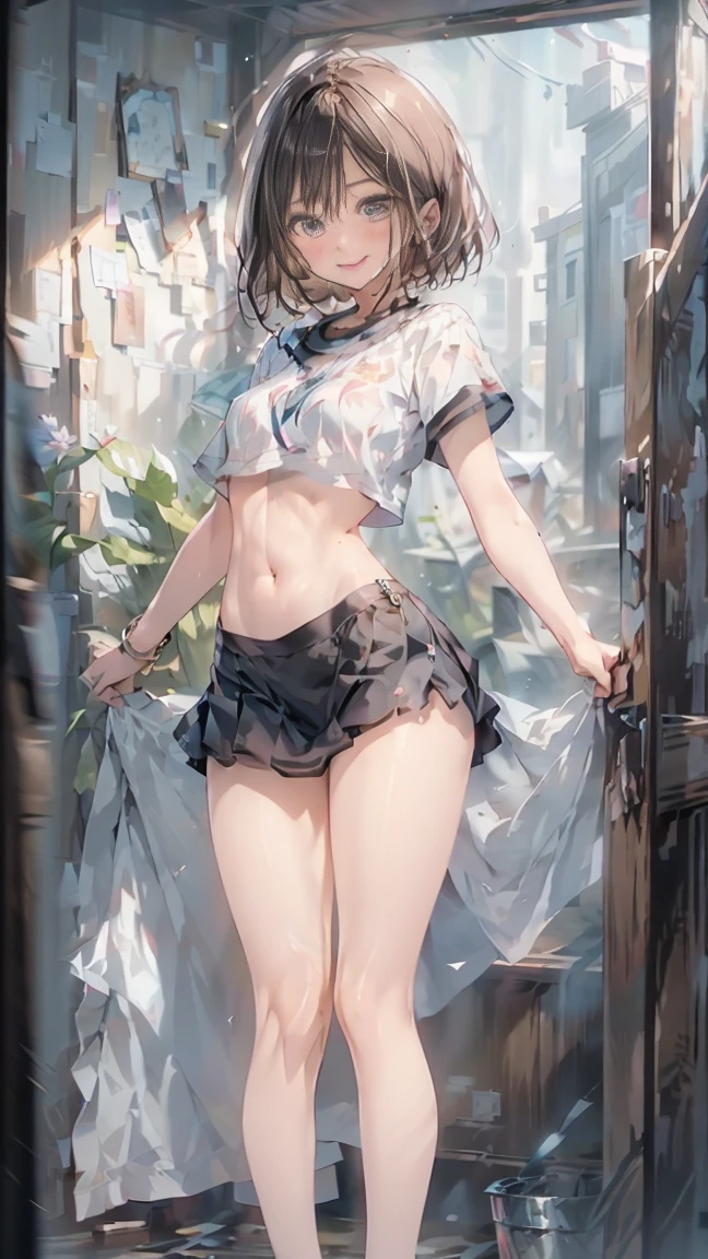 (RAW Photos:1.2),(Realistic:1.4),(masterpiece:1.3),(Highest quality:1.4),超High resolution, High resolution,8K resolution, dream-like, Check the explanation,Clarification Request,scenery,((No text)), alone focus, (whole body),View your viewers， (Fine grain),(Detailed facial features), (Detailed clothing features), (Shiny skin),(Slender girl),(Slim girl), (One girl,alone), Happy, (smile), (Small breasts), mini skirt，T-Shirts，