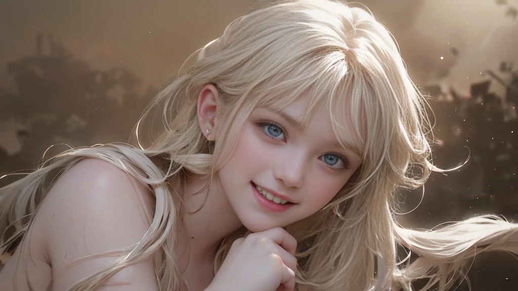 (Highest quality, Very detailed, Ultra-high resolution, 8K images), White Tone, yellow, White Curly Hair , big   , A sloppy smile、Completely naked