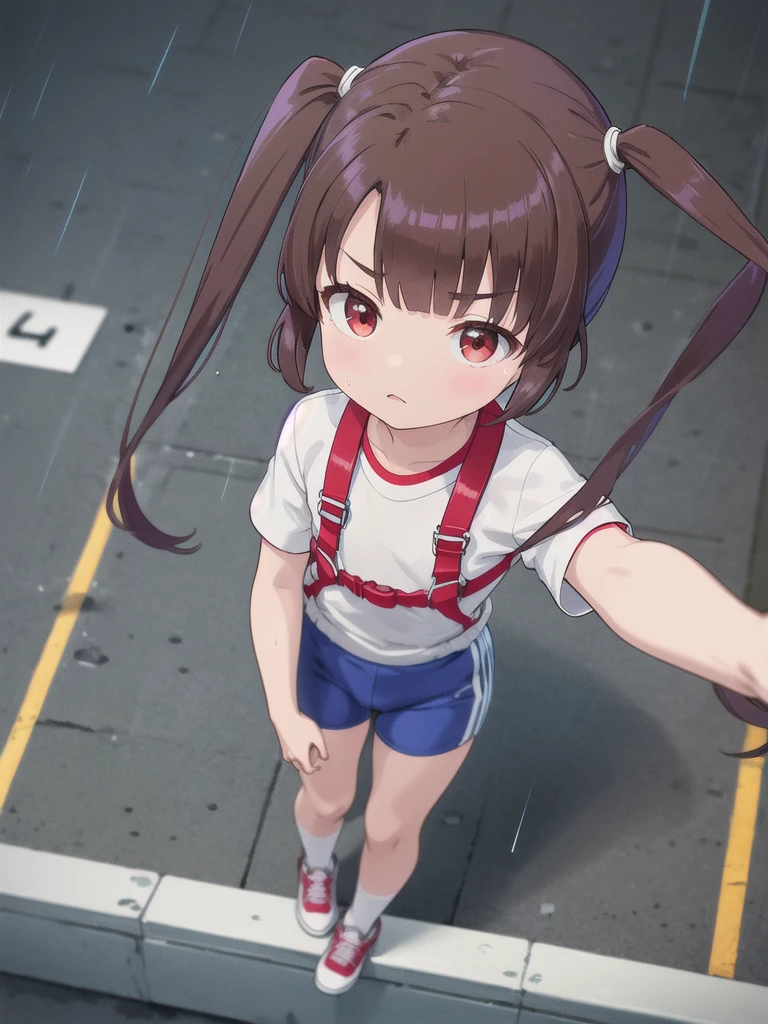 1girl,Floating in the air,high place,{{{{Red harness}}}},Look Up,Brown rope,A view from above,Watching the audience,Outdoor,night,rain,White square bib number,Gym suit,Blue Bloomers,Red eyes,Long twin tails,Brown Hair,Eyebrows visible through hair,Flat Chest,,Focus on face,Straight face 