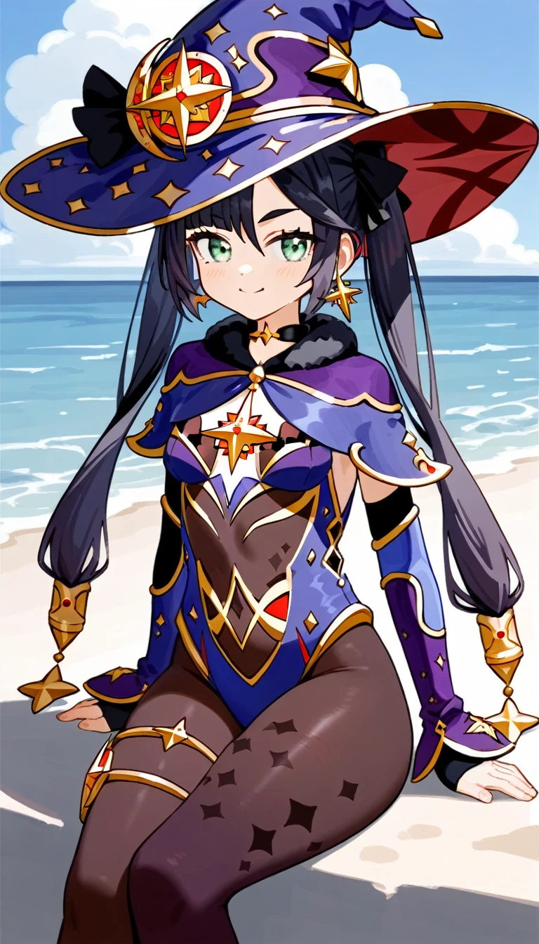 masterpiece,Ultra HD,score_9, score_8_superior, score_7_superior, score_6_superior,score_4_superior BREAK source_anime,可愛いanimeイラスト, One girl, alone, Mona XL, Long black hair, Green Eyes, tsurime, Twin tails, Medium chest, Witch Hat, Body stockings, leotard, Elbow hand pockets, Thigh guard,,View your viewers,smile,beach,Sitting,